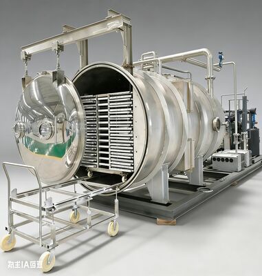 Construído para farmacêutica e processamento de alimentos a granel. Liofilante comercial 150 kg por lote, câmara de aço inoxidável, controle de temperatura de precisão e tecnologia de economia de energia.