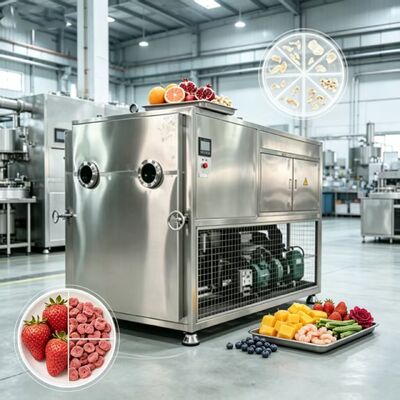 Limites de vácuo inferiores ou iguais a 13 Pa Secador congelado de vegetais com modo de funcionamento automático e sistema de arrefecimento por ar que assegura o secamento congelado