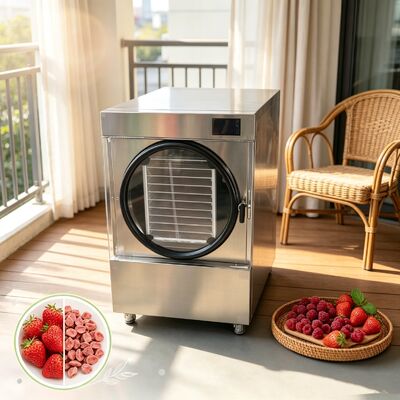 Mini secador de congelamento de 20 a 25 kg de capacidade construído a partir de aço inoxidável SUS304 garantindo desempenho e confiabilidade duradouros